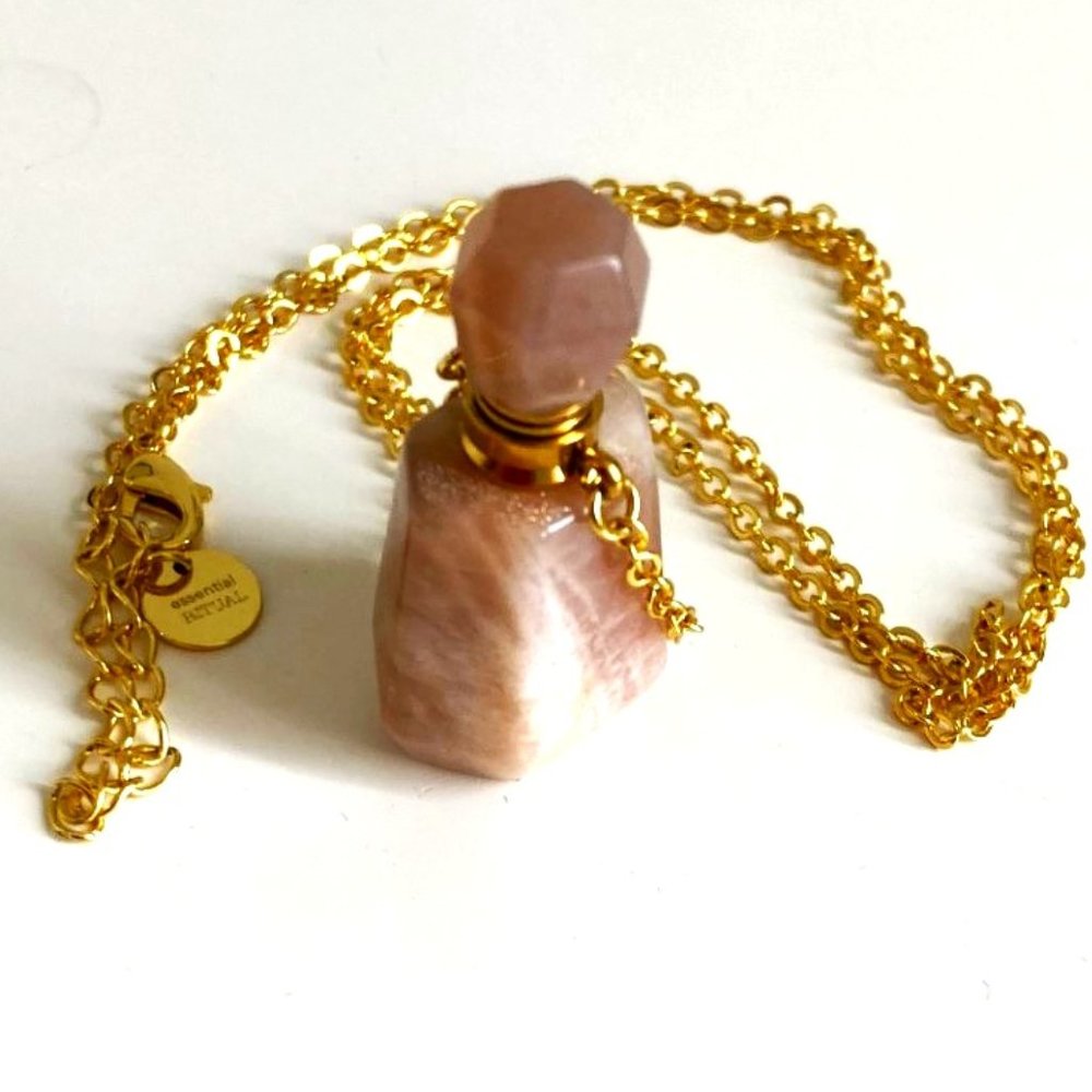 Peach moonstone perfume pendant & chain signed Essential Ritual